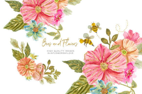 Bee Pink Flowers Watercolor Clipart