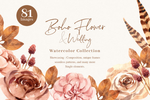 Boho Flowers and Leaf Wedding Watercolor Illustrations