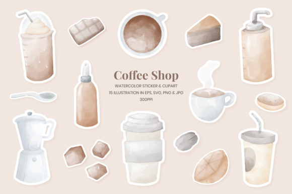 Coffee Shop Watercolor Clipart Sticker Illustrations