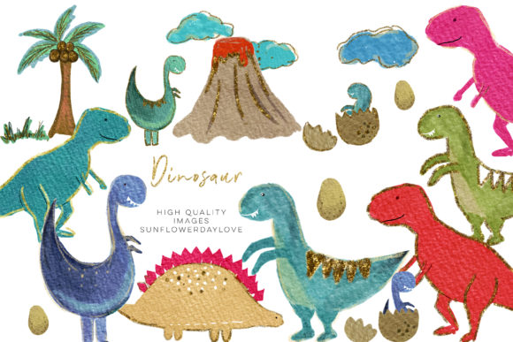 Colorful Dinosaur Watercolor Clipart and Illustrations