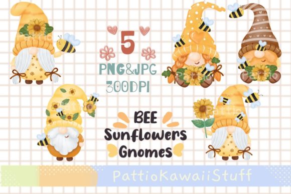Cute Gnome Bee Sunflower Watercolor Png Illustrations