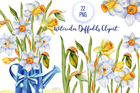 Daffodils Watercolor Blue Flower Clipart & Illustrations