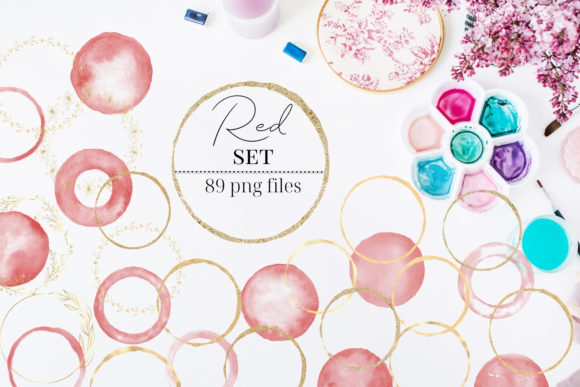 Gold Circles Red Watercolor Elements Illustrations