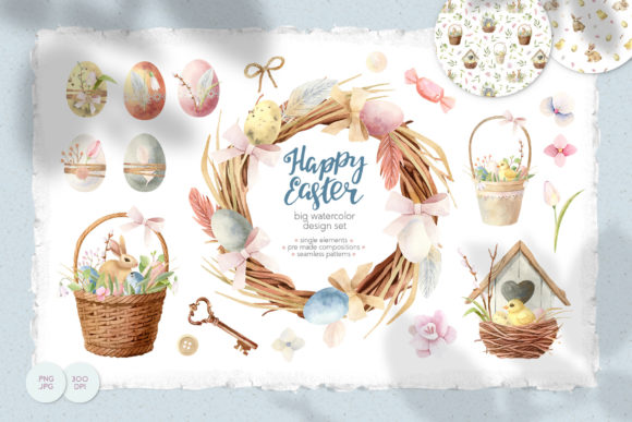 Happy Easter Spring Watercolor Clipart and Illustrations