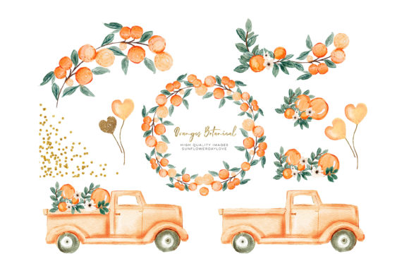 Orange Summer Watercolor Clipart, Illustrations