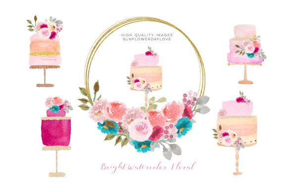 Pink Watercolor Cakes Clipart with Gold Illustrations