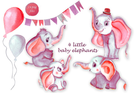 Pink Watercolor Elephants Clipart Decor and Illustrations