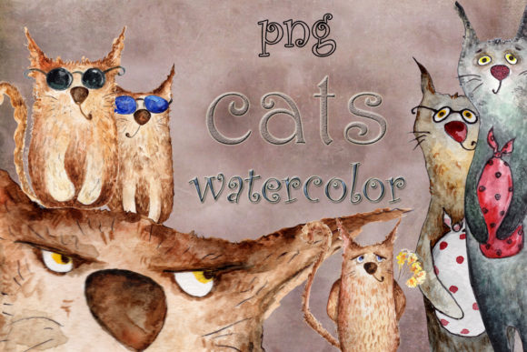 Set of Watercolor Cats Illustrations