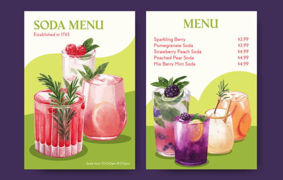 Soda Drink Menu Template Watercolor Illustrations