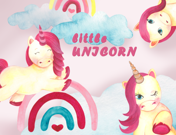 Watercolor Baby Girl Unicorn Clipart and Illustrations