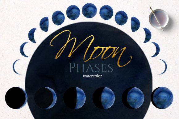 Watercolor Blue Moon Phase Illustrations