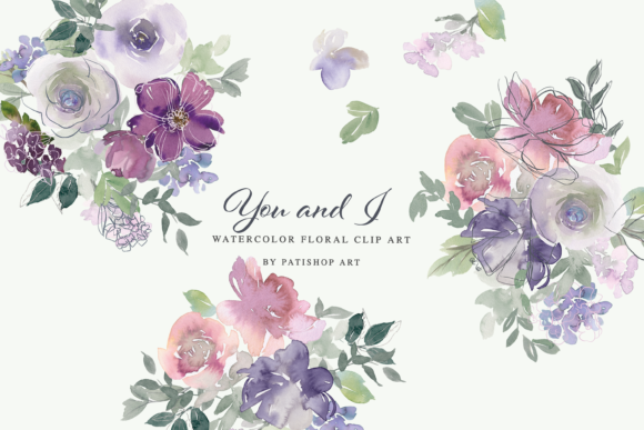 Watercolor Blush Purple Floral Graphics and Illustrations
