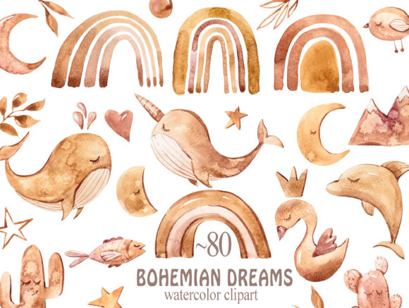 Watercolor Boho Nursery Nautical Clipart and Illustrations