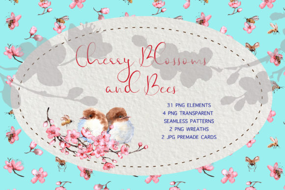 Watercolor Cherry Blossoms and Bees Illustrations