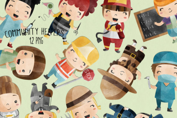 Watercolor Community Helpers Set of 12 Illustrations