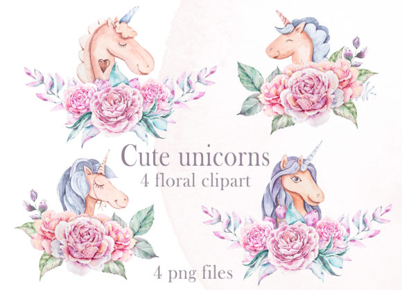 Watercolor Cute Floral Unicorns Clipart and Illustrations