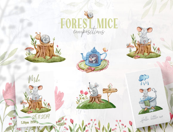 Watercolor Cute Mouse and Snail Clipart Illustrations