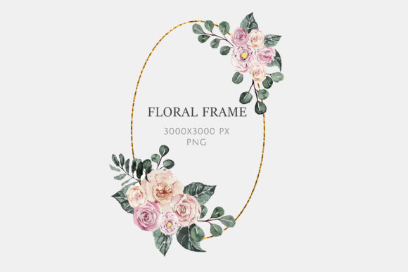 Watercolor Floral Gold Frame Pink Rose Illustrations
