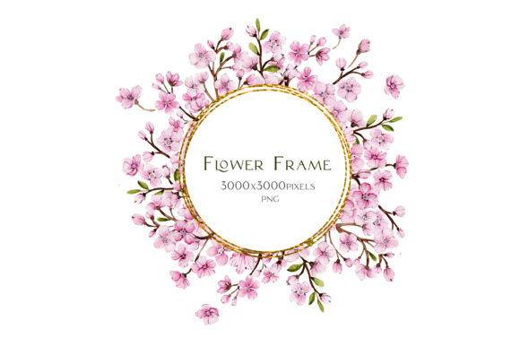 Watercolor Frame of Blooming Pink Sakura Illustrations