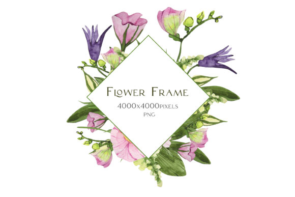Watercolor Frame with Pink Flowers, Illustrations