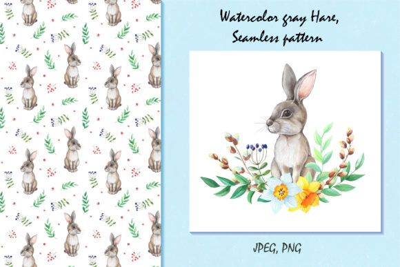 Watercolor Gray Hare, Flower, Illustrations