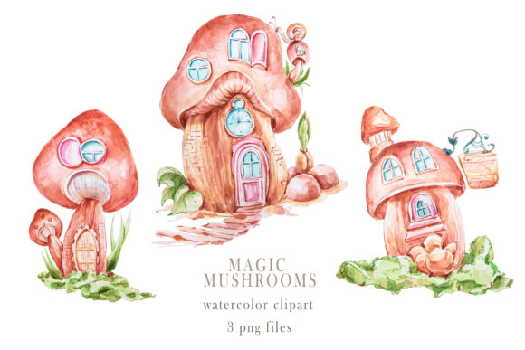 Watercolor Magic Mushroom House Clipart and Illustrations