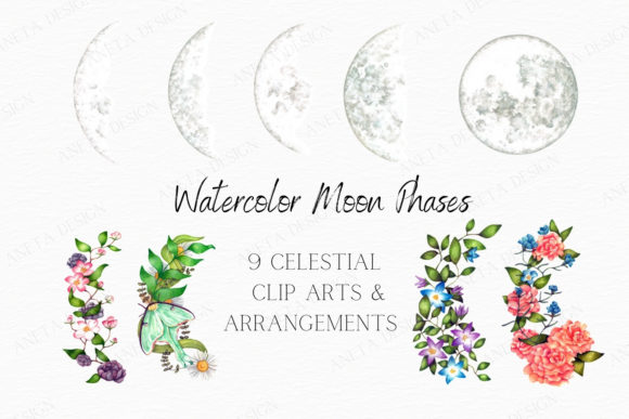 Watercolor Moon Phases, Moon Clipart