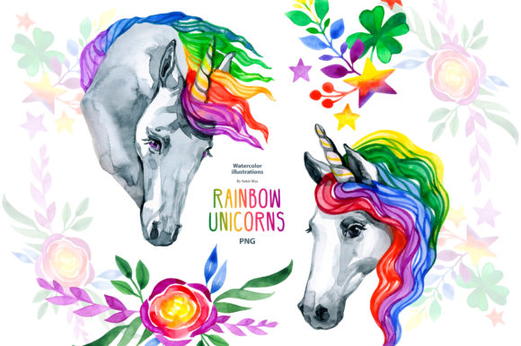 Watercolor Rainbow Unicorn Clipart and Illustrations
