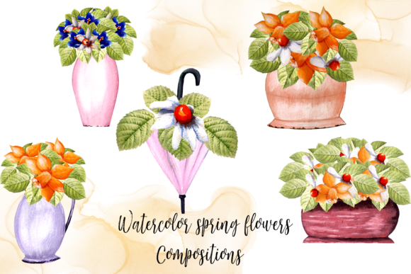 Watercolor Spring Flowers Compositions and Illustrations
