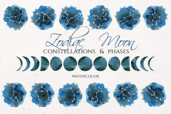 Watercolor Zodiac Blue Moon Clipart and Illustrations