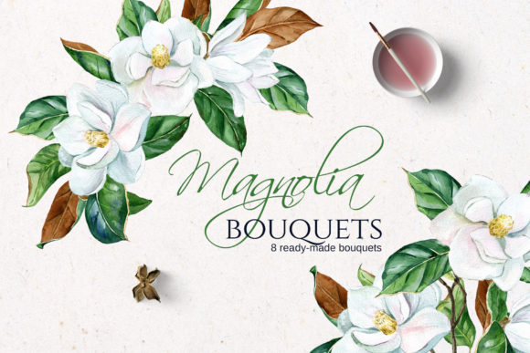 White Watercolor Magnolia Bouquets