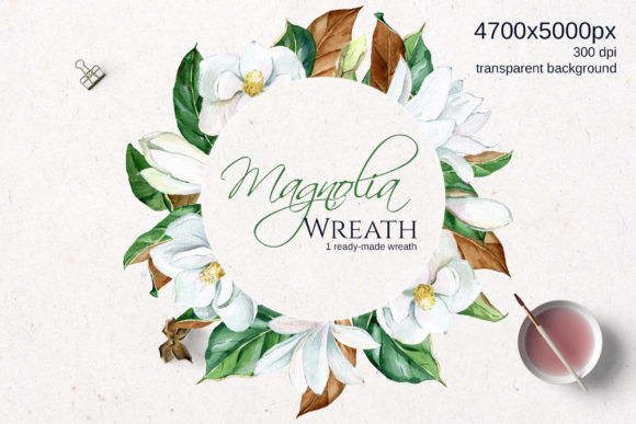 White Watercolor Magnolia Round Frame Illustrations