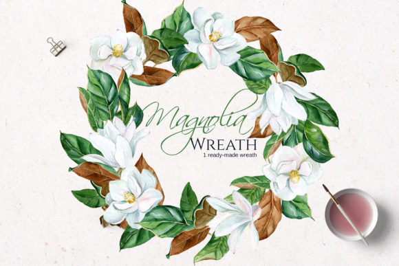 White Watercolor Magnolia Wreath Illustrations